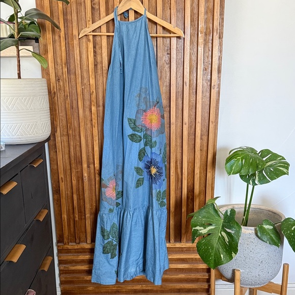 Anthropologie X Pilcro Halter Embroidered Denim Midi Dress. Size XXS/ size 4 - Picture 2 of 12